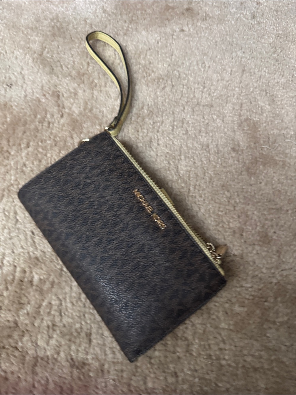 Michael Kors Brown Logo-Print Wristlet with Gold Trim